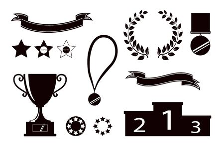 Award icons. Web site. Set of silhouettes of trophy cups, ribbons, stars, laurel wreath, winners podium. Vector illustrationのイラスト素材
