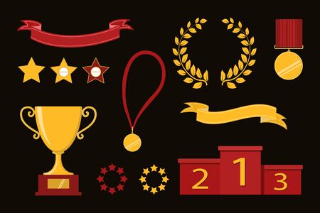 Award icons. Web site. Set of trophy cups, ribbons, stars, laurel wreath, winners podium. Vector illustrationのイラスト素材