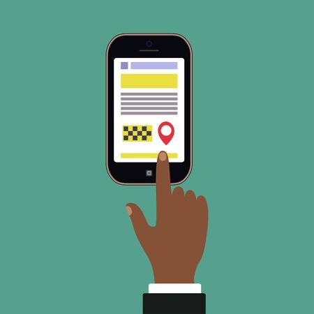 Hands. Black man, smartphone and online taxi service. Vector illustrationのイラスト素材