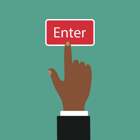 Hands. Black man presses Enter button. Icon of web button. Vector illustrationのイラスト素材