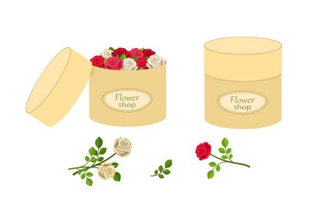 Package. Open and closed round boxes with roses on white background. Vector illustrationのイラスト素材