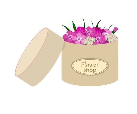 Package. Open box with carnations on white background. Vector illustrationのイラスト素材