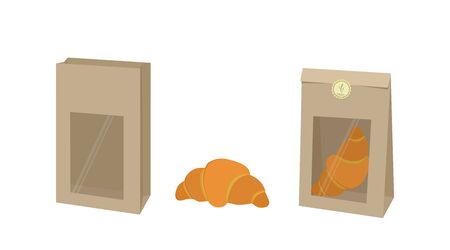 Packaging. Open empty bag of kraft paper and closed bag with croissant. Vector illustrationのイラスト素材