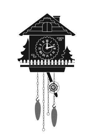 Silhouette of cuckoo clock in cartoon style on white background. Vector illustrationのイラスト素材