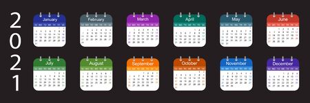 Calendar 2021. Week starts on Sunday.Colorful design on dark background. Vector illustrationのイラスト素材