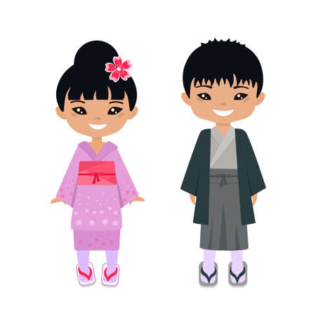 Cute chibi kawaii characters in national japanese costume. Flat cartoon style. Vector illustrationのイラスト素材