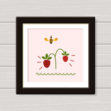 Home decor. Wall art. Strawberry and bee pattern. Digital Printable Poster. Vector illustrationのイラスト素材