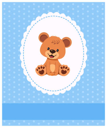 Invitation, greeting card with teddy bear boy with frame, ribbon and pattern. Place for your text. Vector illustrationのイラスト素材