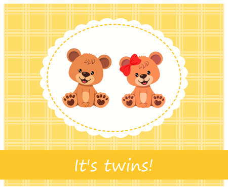 Greeting card It's twins with teddy bear babies in frame. Vector illustrationのイラスト素材