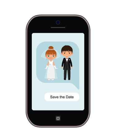 Wedding invitation. Wedding couple on smartphone screen. Cartoon flat styleのイラスト素材