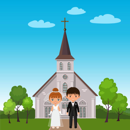 Wedding couple on background of church. Cartoon flat styleのイラスト素材