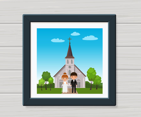 Wedding couple. Newlyweds in frame on background of church. Cartoon flat styleのイラスト素材