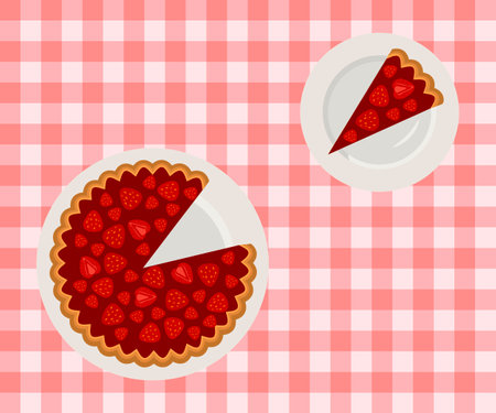 Cake and piece with strawberry jam on plate. Cartoon flat styleのイラスト素材