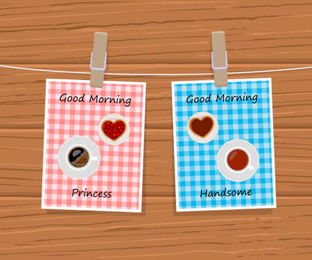 Greeting card with cups of tea, coffee and heart shaped cookies. Valentines day. Cartoon flat styleのイラスト素材