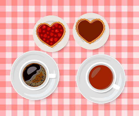 Valentines Day. Chocolate and strawberry jam biscuits with cups of tea and coffee. Cartoon flat styleのイラスト素材