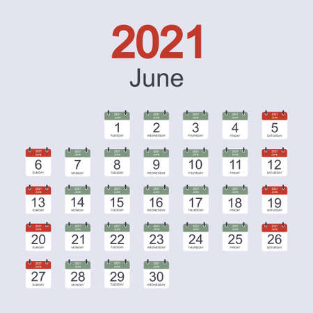 Monthly calendar template for June 2021 with daily date. Week starts on Sunday. Flat style.のイラスト素材