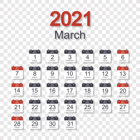 Monthly calendar template for March 2021 with daily date. On transparent background. Week starts on Sunday. Flat style.のイラスト素材