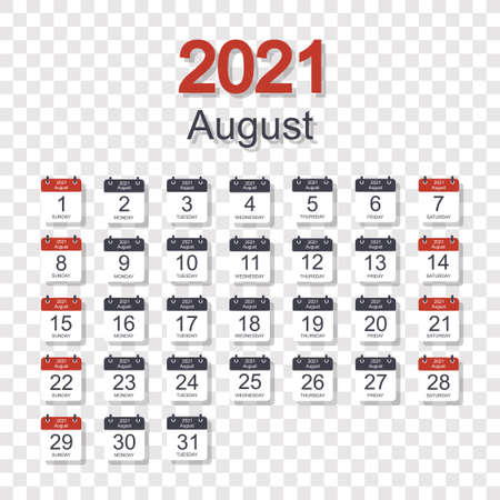 Monthly calendar template for August 2021 with daily date. On transparent background. Week starts on Sunday. Flat style.のイラスト素材