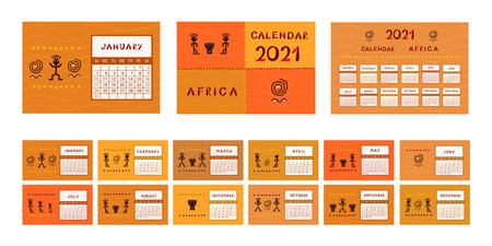 Calendar Africa for 2021. Week starts on Sunday.Colorful design with ethnic patternのイラスト素材