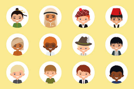 User icons of men of different nation on light background. Cartoon flat styleのイラスト素材