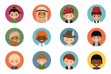 User icons of men of different nation on multicolor background. Cartoon flat styleのイラスト素材