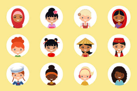 User icons of women of different nation on light background. Cartoon flat styleのイラスト素材