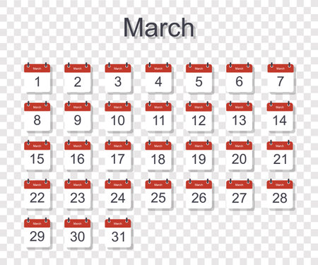 Monthly calendar template for March with daily date. On transparent background. Flat styleのイラスト素材