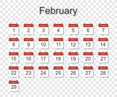 Monthly calendar template for February with daily date. On transparent background. Flat styleのイラスト素材