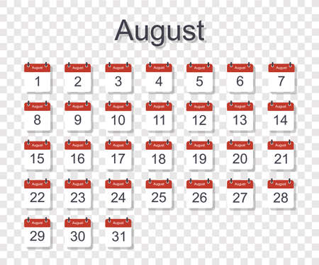 Monthly calendar template for August with daily date. On transparent background. Flat styleのイラスト素材