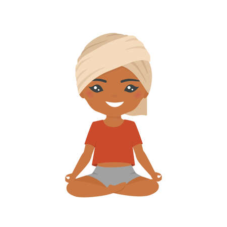 Cute indian chibi boy doing yoga, isolated on white background. Cartoon flat style. Vector illustrationのイラスト素材
