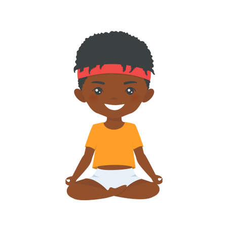 Cute african american chibi boy doing yoga, isolated on white background. Cartoon flat style. Vector illustrationのイラスト素材