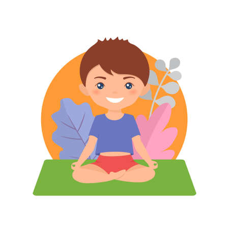Cute chibi boy doing yoga on background with pattern. Cartoon flat styleのイラスト素材