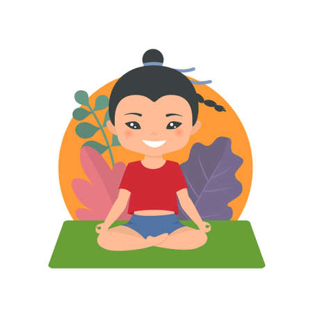 Cute Chinese chibi boy doing yoga, isolated on white background. Cartoon flat styleのイラスト素材