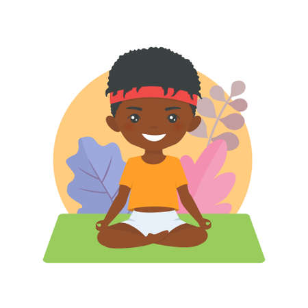 Cute african american chibi boy doing yoga on background with pattern. Cartoon flat styleのイラスト素材