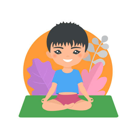 Cute muslim chibi boy doing yoga on background with pattern. Cartoon flat styleのイラスト素材