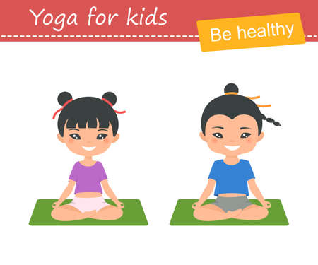 Cute chinese chibi boy and chibi girl doing yoga isolated on white background. Cartoon flat styleのイラスト素材