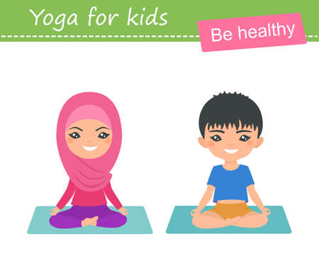 Cute muslim chibi boy and girl practice yoga isolated on white background. Cartoon flat styleのイラスト素材