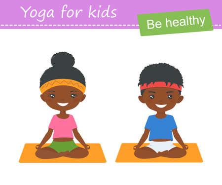 Cute african american chibi boy and chibi girl practice yoga isolated on white background. Cartoon flat styleのイラスト素材