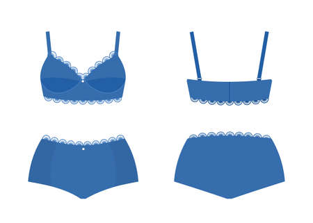 Set of elegant female underwear isolated on white background. Front and back views. Vector illustration. Cartoon flat styleのイラスト素材