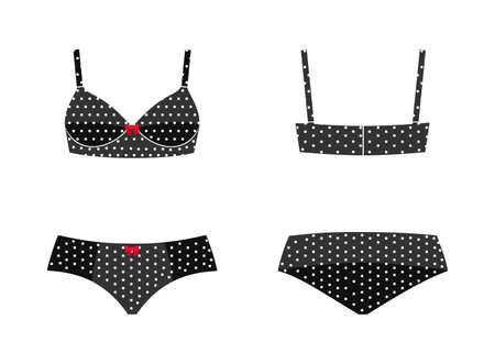 Set of elegant female underwear isolated on white background. Front and back views. Cartoon flat style. Vector illustrationのイラスト素材