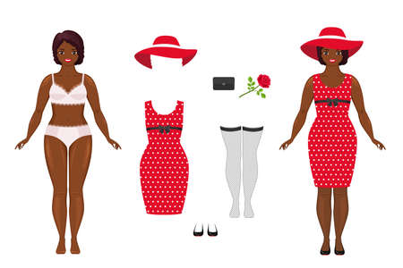 Young african american woman dressed in elegant outfit. Dress up paper doll. Cute dress, hat and accessories. Cartoon flat style. Vector illustrationのイラスト素材