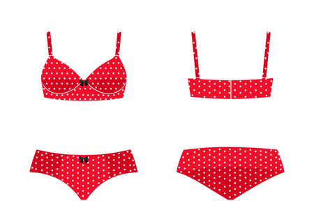 Set of elegant female underwear isolated on white background. Front and back views. Cartoon flat style. Vector illustrationのイラスト素材