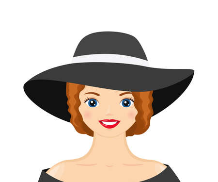 Young woman in elegant hat. Cartoon flat style. Vector illustrationのイラスト素材