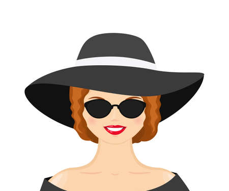 Young woman in elegant hat and sunglasses. Cartoon flat style. Vector illustrationのイラスト素材