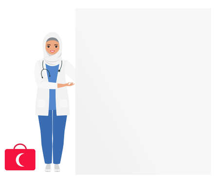 Cute african american woman in medicine uniform pointing to blank board. Copy pace. Cartoon flat style. Vector illustrationのイラスト素材