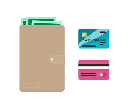 Wallet with dollars and bank cards. Closed gray leather wallet on white background. Vector illustration. Flat cartoon styleのイラスト素材