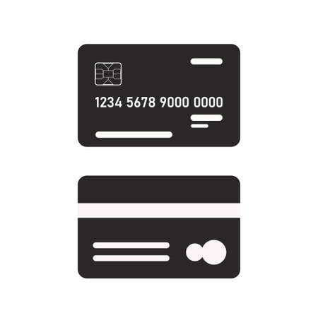 Bank card isolated on white background. Black silhouettes. Front and back views. Vector illustration. Flat styleのイラスト素材