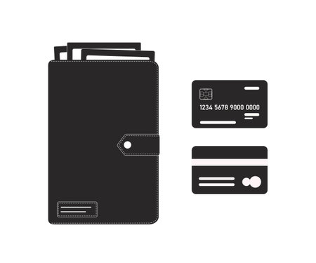 Wallet with dollars and bank cards. Silhouette of closed purse on white background. Vector illustration. Flat cartoon styleのイラスト素材
