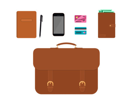 Briefcase and accessories on white background. Clipart. Vector illustration. Cartoon flat styleのイラスト素材