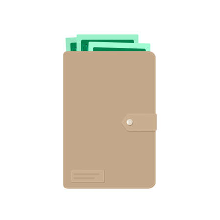 Wallet with dollars. Closed gray leather wallet on white background. Vector illustration. Flat cartoon styleのイラスト素材